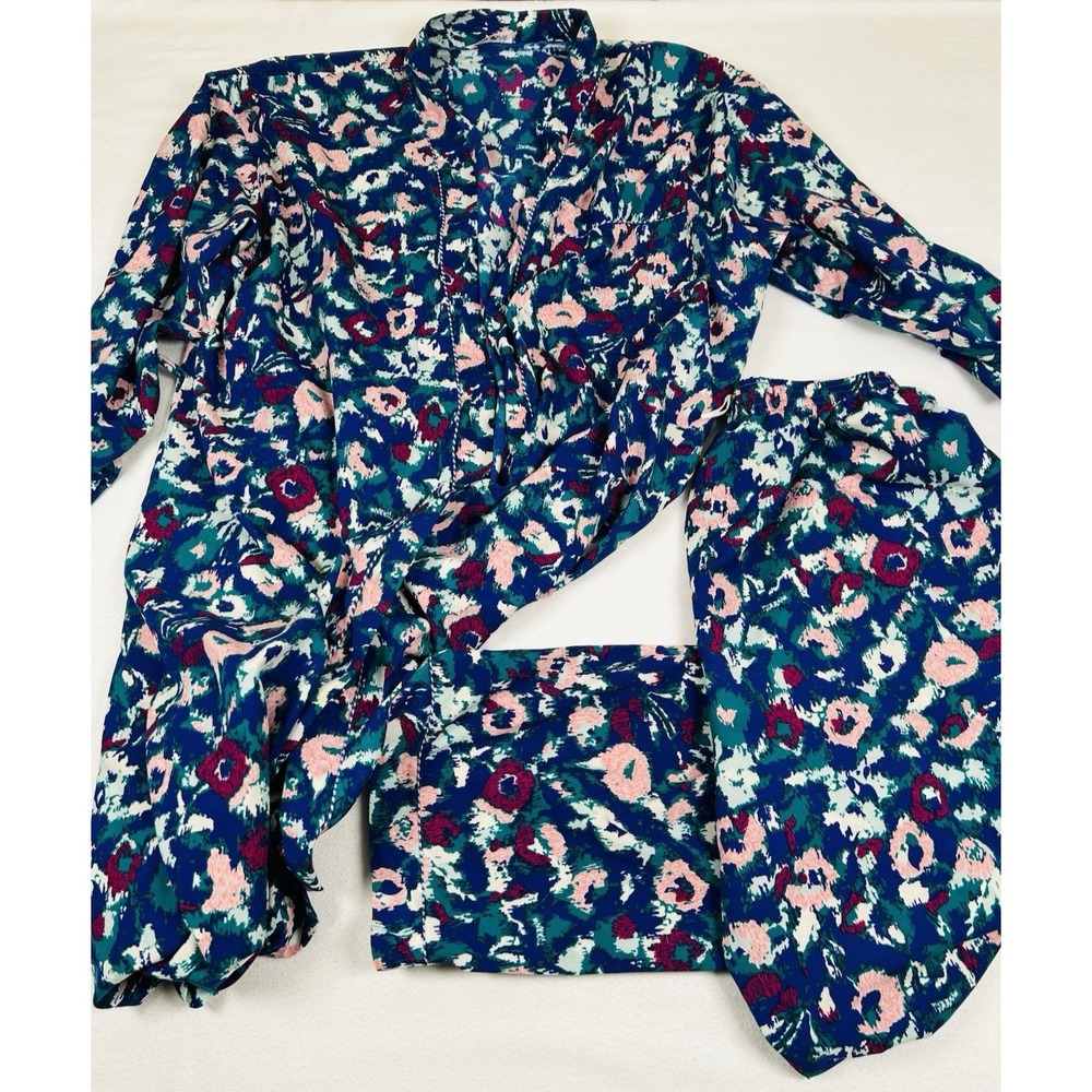Vtg Olga 2 Pc Set Robe Full Length and Pants Blue Floral Med See Desc